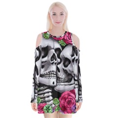 Black Skulls Red Roses Velvet Long Sleeve Shoulder Cutout Dress by GardenOfOphir