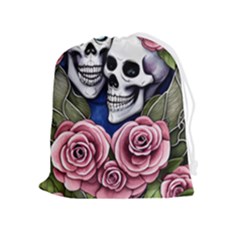 Skulls And Flowers Drawstring Pouch (xl) by GardenOfOphir