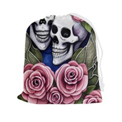 Skulls And Flowers Drawstring Pouch (2xl) by GardenOfOphir