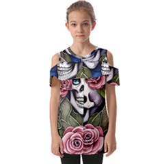 Skulls And Flowers Fold Over Open Sleeve Top by GardenOfOphir
