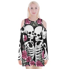 Black And White Rose Sugar Skull Velvet Long Sleeve Shoulder Cutout Dress by GardenOfOphir