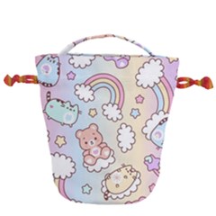 Pusheen Carebears Bears Cat Colorful Cute Pastel Pattern Drawstring Bucket Bag by Sapixe