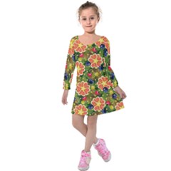 Fruits Star Blueberry Cherry Leaf Kids  Long Sleeve Velvet Dress by Pakemis