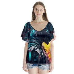 Who Sample Robot Prettyblood V-neck Flutter Sleeve Top by Ravend