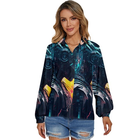 Who Sample Robot Prettyblood Women s Long Sleeve Button Down Shirt by Ravend