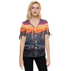 Downtown Skyline Sunset Buildings Bow Sleeve Button Up Top by Ravend