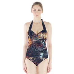 Leopard Feline Artwork Art Fantasy Halter Swimsuit by Ravend