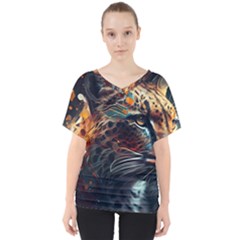 Leopard Feline Artwork Art Fantasy V-neck Dolman Drape Top by Ravend