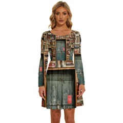 Books Long Sleeve Wide Neck Velour Dress by artworkshop