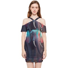 Ai Generated Elephant Tusks Trunk Wildlife Africa Shoulder Frill Bodycon Summer Dress by danenraven