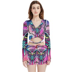 Owl Dreamcatcher Velvet Wrap Crop Top And Shorts Set by Jancukart