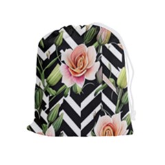 Black Chevron Peach Lilies Drawstring Pouch (xl) by GardenOfOphir