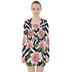 Black Chevron Peach Lilies V-neck Bodycon Long Sleeve Dress by GardenOfOphir
