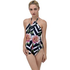 Black Chevron Peach Lilies Go With The Flow One Piece Swimsuit by GardenOfOphir