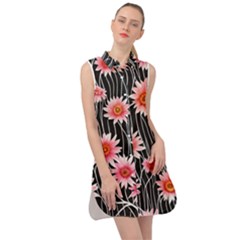 Botanical Black Pink Flowers Pattern Sleeveless Shirt Dress by GardenOfOphir