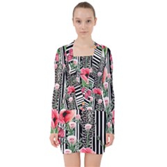 Tropical Paradise - Watercolor Botanical Flowers V-neck Bodycon Long Sleeve Dress by GardenOfOphir