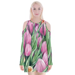 Cheerful Watercolor Flowers Velvet Long Sleeve Shoulder Cutout Dress by GardenOfOphir