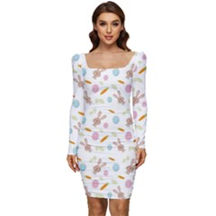 Easter Bunny Pattern Hare Easter Bunny Easter Egg Women Long Sleeve Ruched Stretch Jersey Dress by Ravend