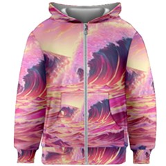 Ai Generated Waves Ocean Sea Tsunami Nautical Red Yellow Kids  Zipper Hoodie Without Drawstring by Ravend