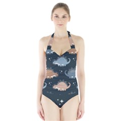 Dino Art Pattern Design Wallpaper Background Halter Swimsuit by Ravend