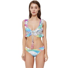 Rainbow Fun Cute Minimal Doodle Drawing Arts Low Cut Ruffle Edge Bikini Set by Ravend
