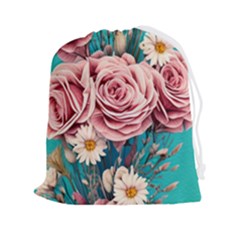 Coral Blush Rose On Teal Drawstring Pouch (2xl) by GardenOfOphir