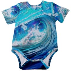 Tsunami Waves Ocean Sea Nautical Nature Water Painting Baby Short Sleeve Bodysuit by Ravend