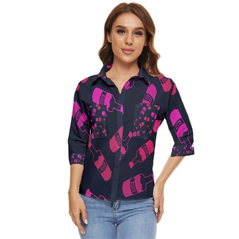 Wine Wine Bottles Background Graphic Women s Quarter Sleeve Pocket Shirt by Ravend