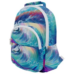 Waves Ocean Sea Tsunami Nautical Nature Water Rounded Multi Pocket Backpack by Ravend