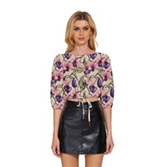 Flowers Pattern Decorative Wallpaper Scrapbooking Mid Sleeve Drawstring Hem Top by Ravend