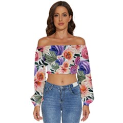 Country-chic Watercolor Flowers Long Sleeve Crinkled Weave Crop Top by GardenOfOphir