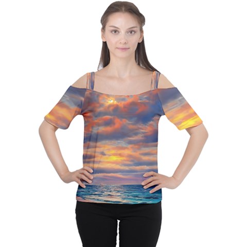 Serene Sunset Over Beach Cutout Shoulder Tee by GardenOfOphir