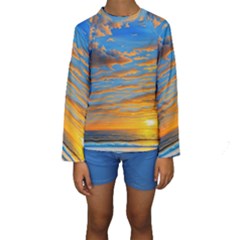 Orange Sunset On The Beach Kids  Long Sleeve Swimwear by GardenOfOphir