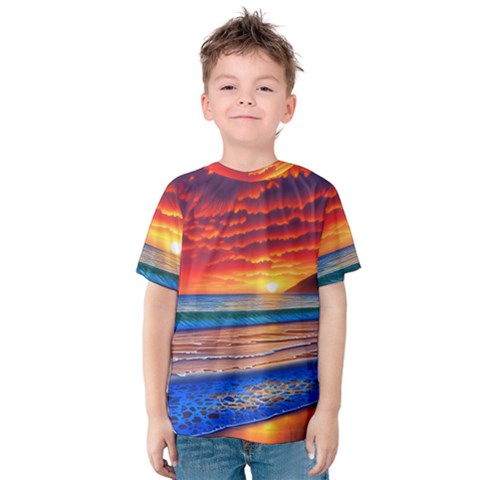 Sunset Over The Ocean Kids  Cotton Tee by GardenOfOphir