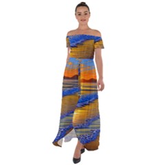 Waves Of Gold Off Shoulder Open Front Chiffon Dress by GardenOfOphir