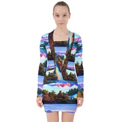 Solemn Soft Pastel Sunset V-neck Bodycon Long Sleeve Dress by GardenOfOphir