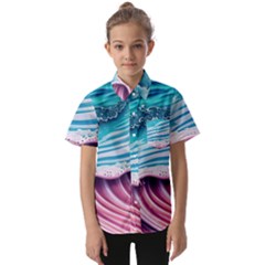 Pink Wave Crashing On The Shore Kids  Short Sleeve Shirt by GardenOfOphir