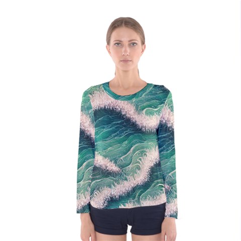 Blue Wave Pattern Women s Long Sleeve Tee by GardenOfOphir