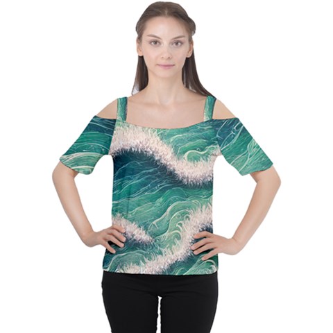 Blue Wave Pattern Cutout Shoulder Tee by GardenOfOphir