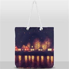 Night Houses River Bokeh Leaves Full Print Rope Handle Tote (large) by Ravend