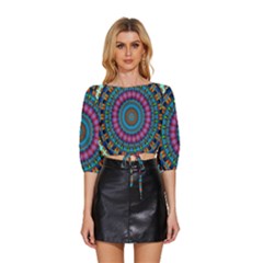 Mandela Kaleidoscope Squares Geometric Shapes Mid Sleeve Drawstring Hem Top by Ravend