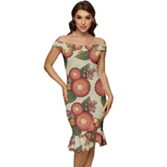 Flowers Leaves Pattern Flora Botany Drawing Art Off Shoulder Ruffle Split Hem Bodycon Dress by Ravend