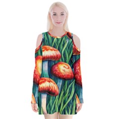 Enchanted Forest Mushroom Velvet Long Sleeve Shoulder Cutout Dress by GardenOfOphir