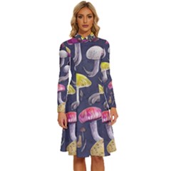 Fantasy Woodland Mushroom Long Sleeve Shirt Collar A-line Dress by GardenOfOphir