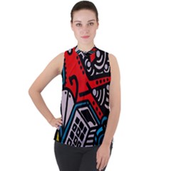 Multicolored Doodle Art Street Art Mock Neck Chiffon Sleeveless Top by Jancukart