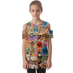 Multicolored Doodle Art Wallpaper Fold Over Open Sleeve Top by Jancukart