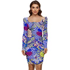 Blue Yellow Background Pattern Vector Texture Paisley Women Long Sleeve Ruched Stretch Jersey Dress by Jancukart