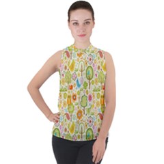 Nature Doodle Art Trees Birds Owl Children Pattern Multi Colored Mock Neck Chiffon Sleeveless Top by Jancukart
