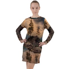 Nature Waters Lake Island Landscape Thunderstorm Long Sleeve Hoodie Dress by Jancukart