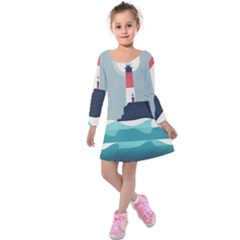 Lighthouse Ocean Nautical Sea Minimal Minimalist Kids  Long Sleeve Velvet Dress by Pakemis